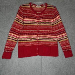 Tiara International Red Fair Isle Knit Cardigan Sweater Pockets Buttons Womens M